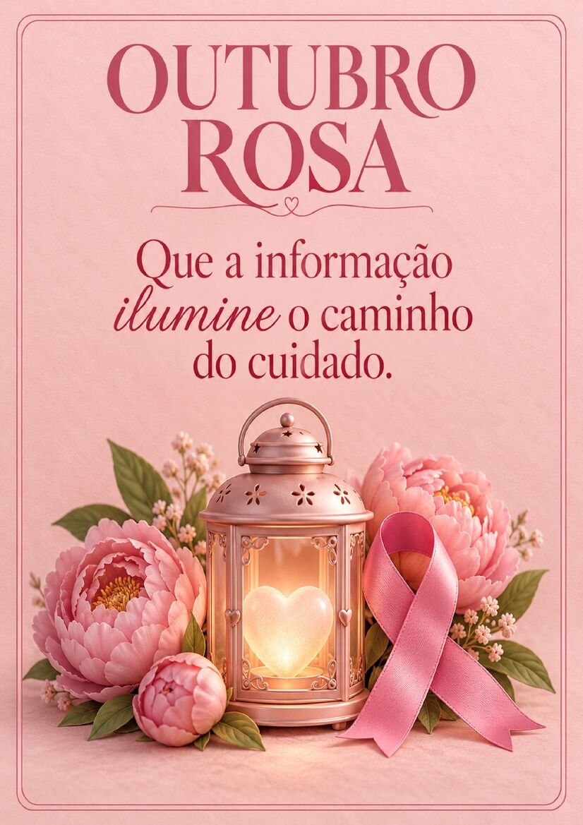 Imagem Outubro Rosa com lanterna decorativa acesa em formato de coração, flores e fita rosa